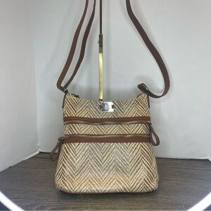 Brown Chevron Crossbody Bag. Weaved purse. Ink stains interior pocket. Pre-own.